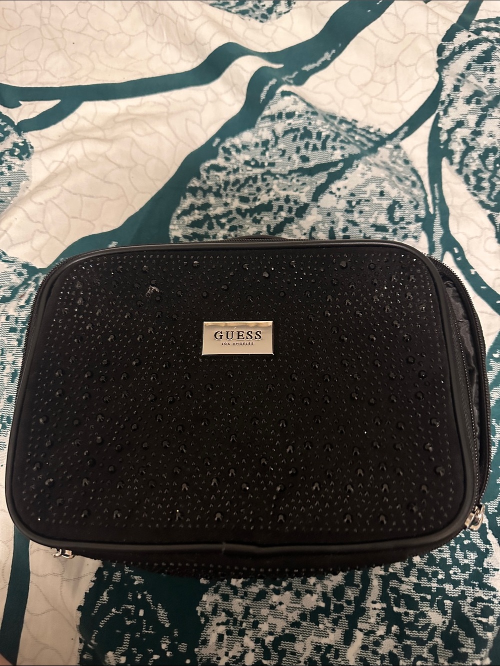 Guess Black Studded Cosmetic Case with Silver  Logo Plaque